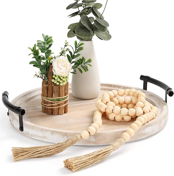 Round Wood Tray/w Wood Bead Garland 13" Decorative Trays