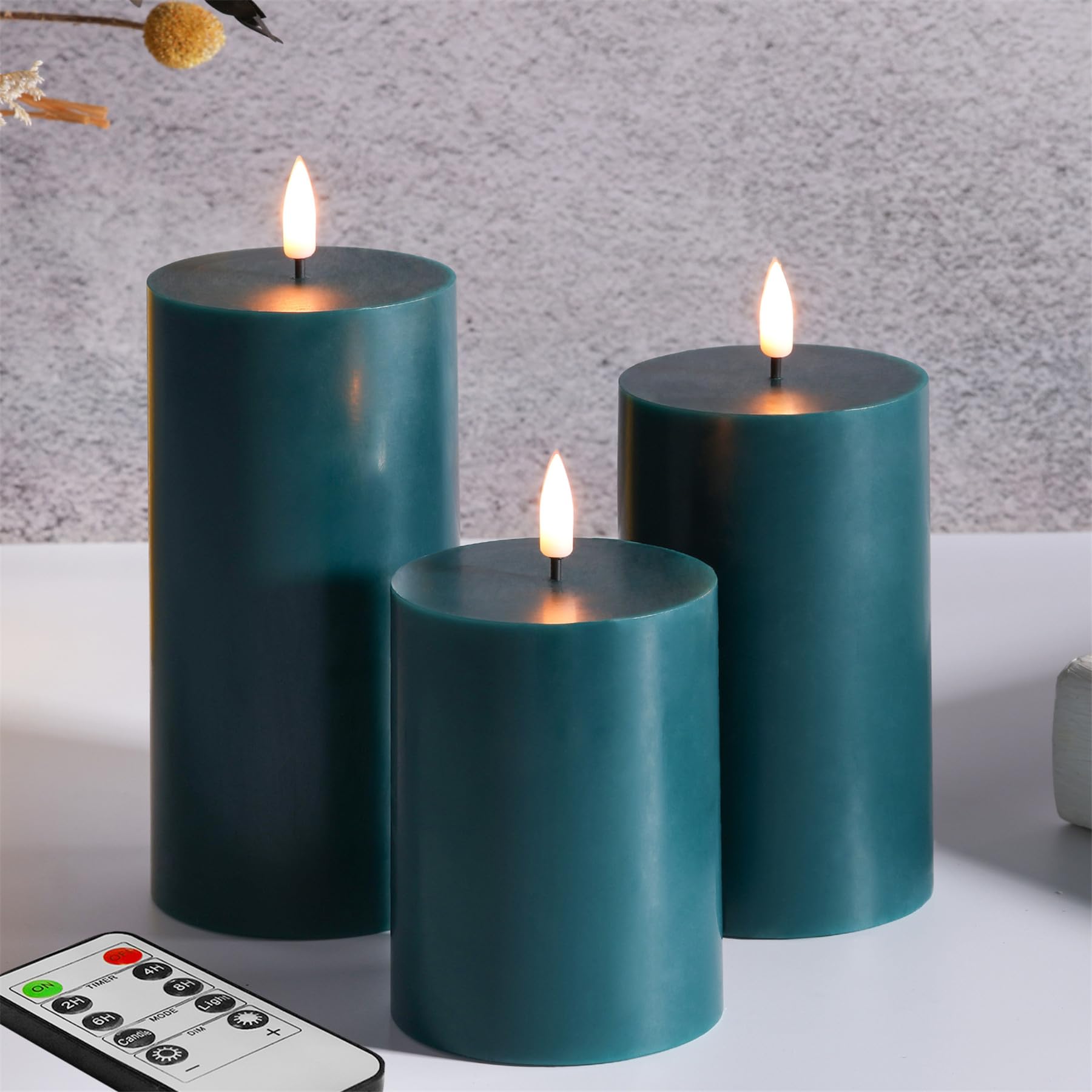 Eywamage Green Flameless Pillar Candles with Remote, Flickering Battery Powered LED Wax Candles Φ 3" H 4" 5" 6"