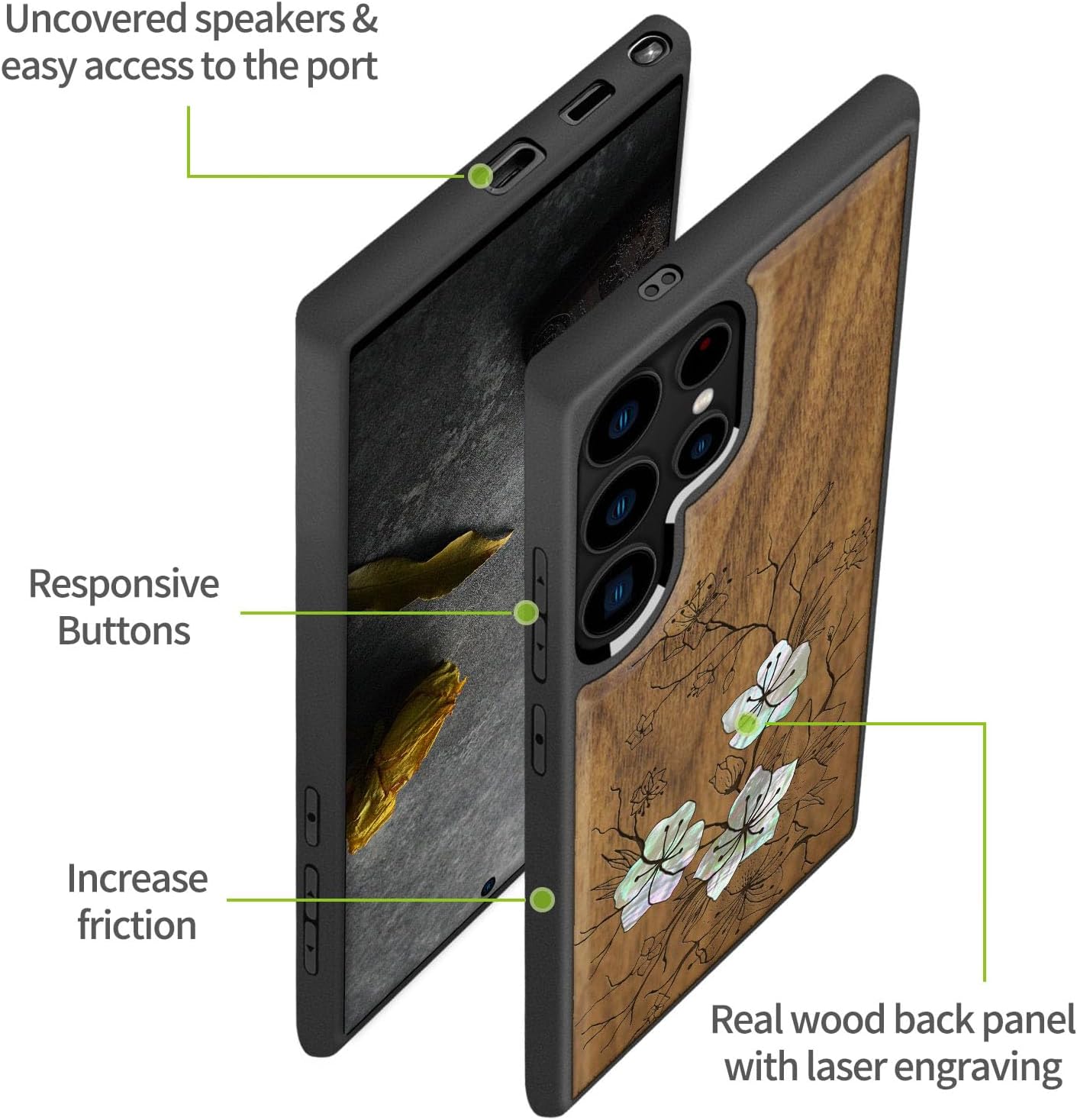 Carveit Magnetic Wooden Case for Samsung Galaxy S25 Ultra Case, Wood Artisan Engraved & Handmade Shell Inlaid, Compatible with MagSafe Wireless Chargers (Whispering Sakura Blooms) Walnut
