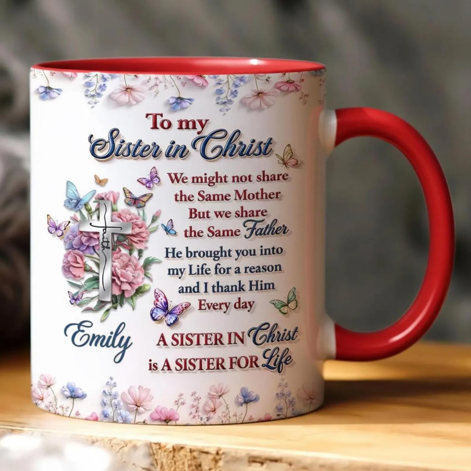 Condition photo showing New/Like New for to my sister in christ, we might not share the same mother - personalized sisters ceramic mug, birth month flower bestie christian mug, women religious coffee cup, sister religious gift, faith gift