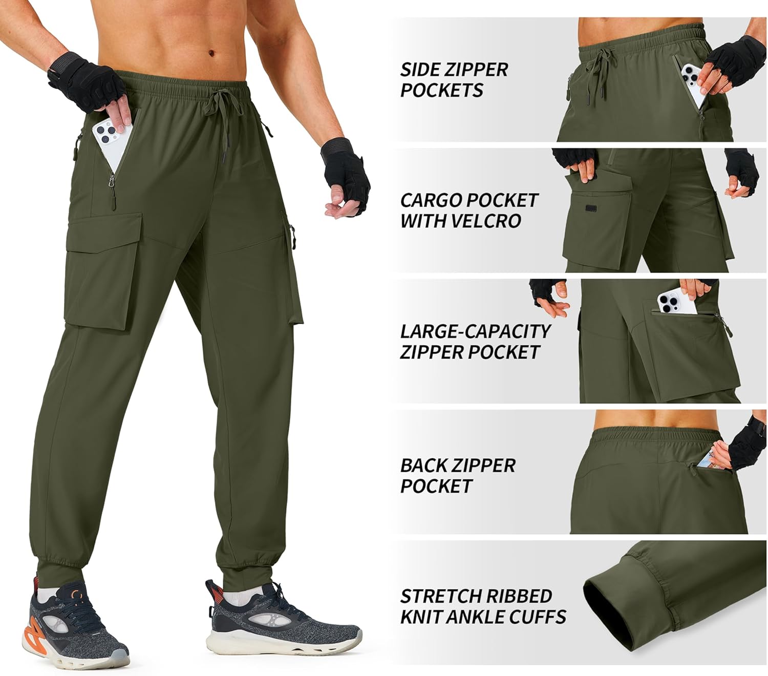 Men's Hiking Pants Cargo Lightweight Quick Dry Elastic Waist Golf Joggers with Zipper Pockets Water Resistant - Image 5