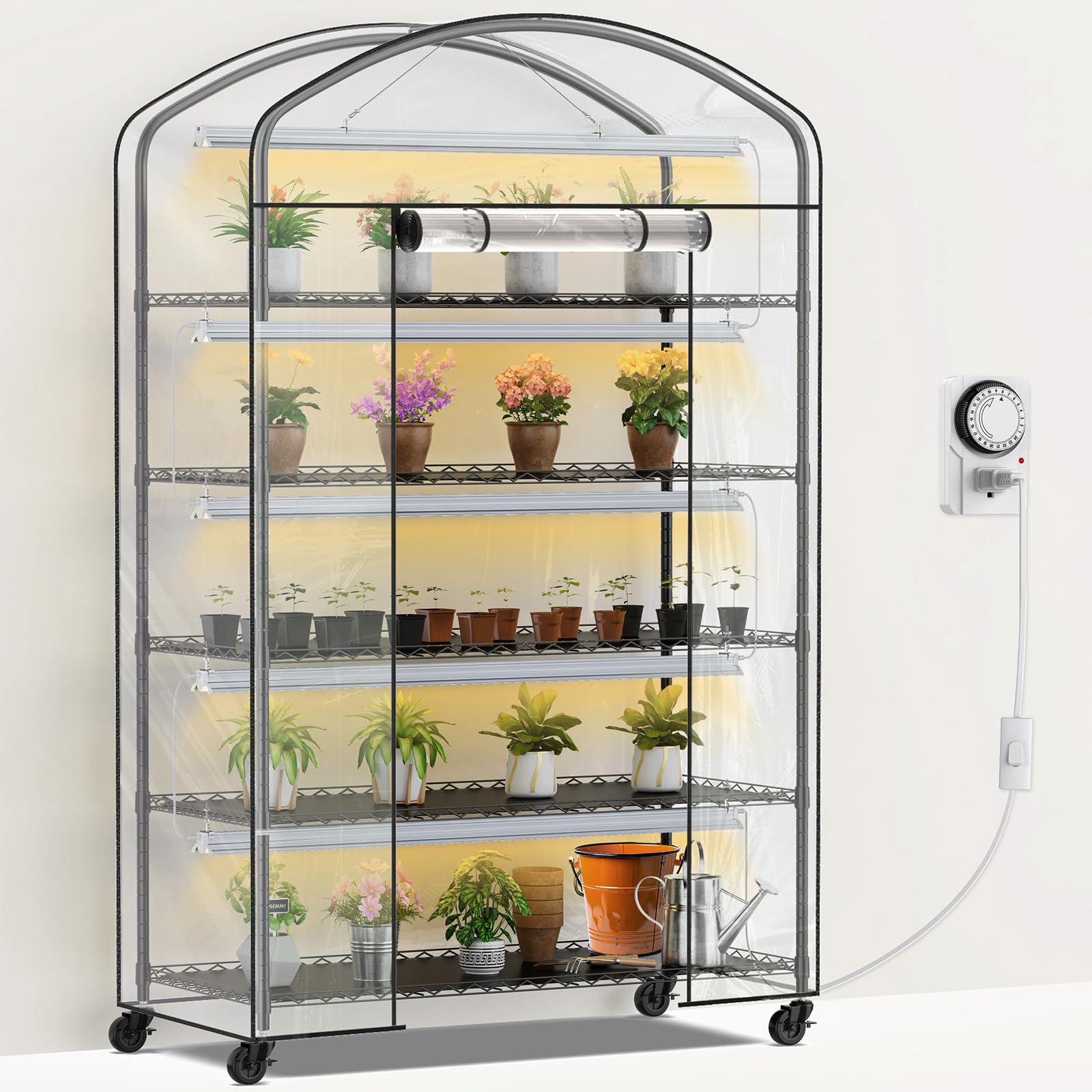 Abimars 5-Tier Greenhouse with Grow Light, Shelf Height Adjustable Metal Plant Shelf with PVC Cover and Wheels, Includes 5-Pack 2900K Full Spectrum Plant Lights, 21x49x80inch