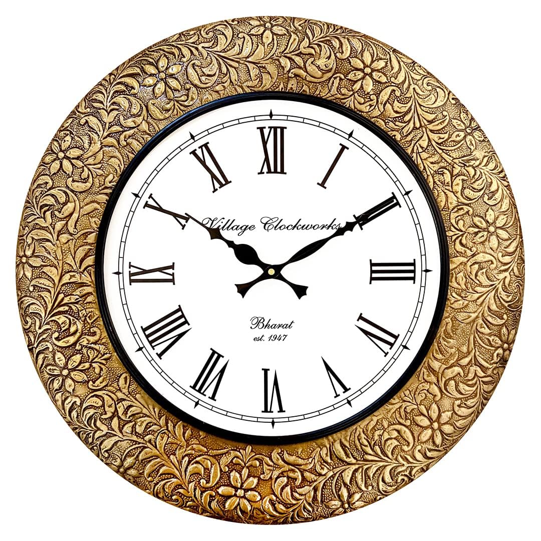 RoyalsCart Emboss Metal Analog Wall Clock For Elegant Home Decor, Office, School, Gym, Shop And Gifting || Clock Size - 16 X 16 Inches [Ktwc255], Gold