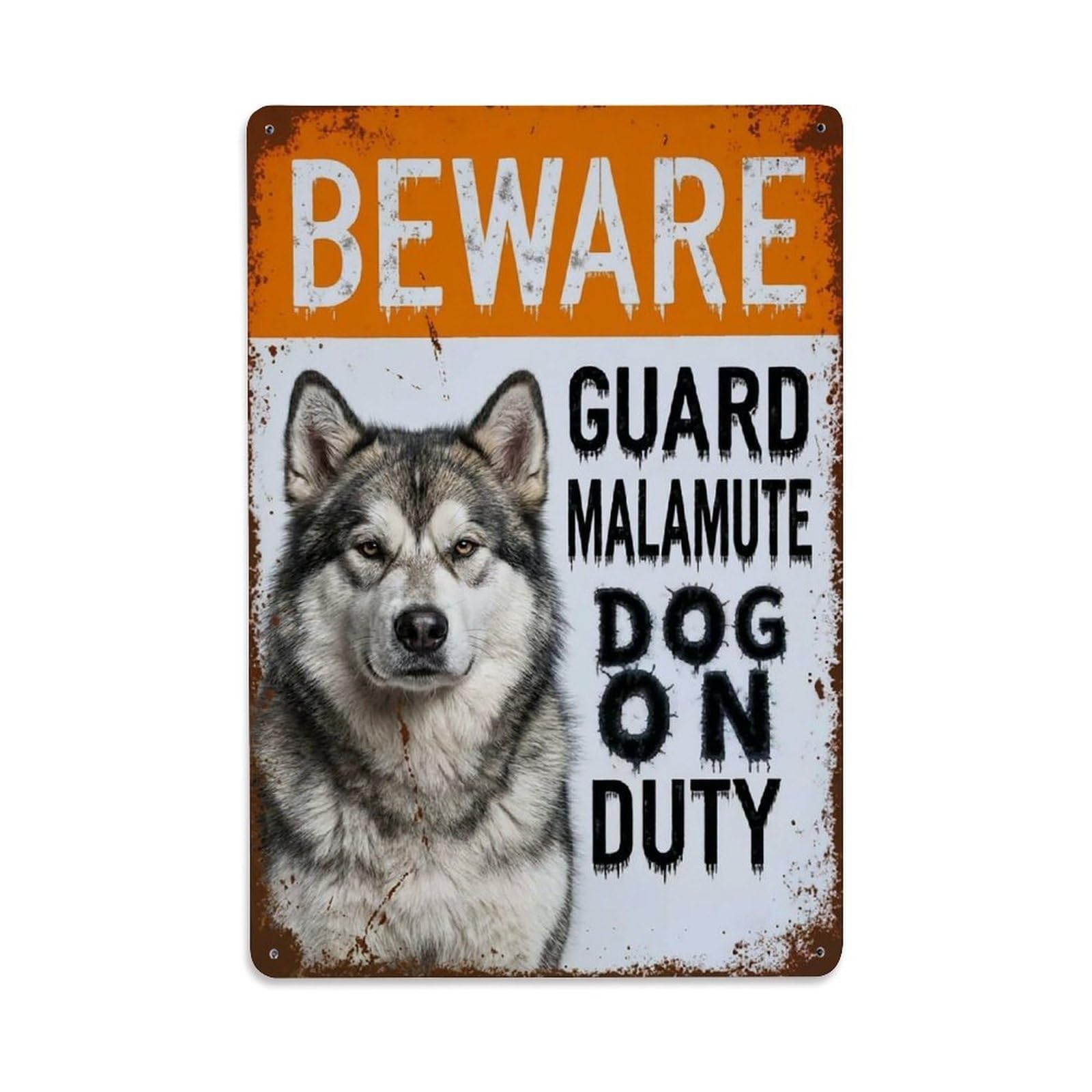 Vintage Funny Malamute Guard Beware of Dog Veranda Metal Tin Sign Plaque Wall Decor for Cafe, Club Bar, Office, Garden Metal Poster 8x12Inch