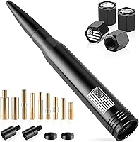 BJSIA American Flag Bullet Antenna & Valve Stem Caps for Trucks - Universal Fit Ford F-150, Chevy Silverado, RAM 1500, Toyota Tundra - Heavy Duty Black Aluminum