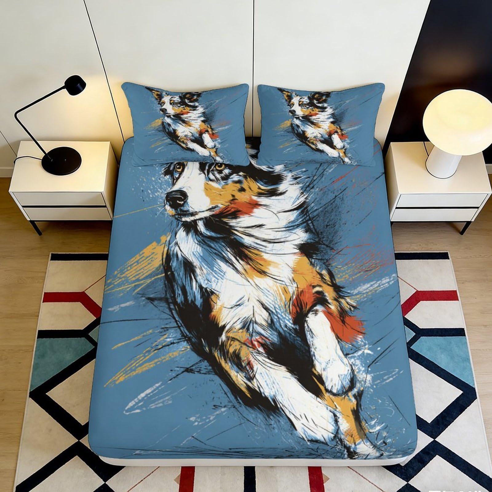 3D Printed Artistic Dog Fitted Sheet Microfiber Deep Pocket Bedroom Bedding Style Pet Mattress Fitted Cover Washable Non-Slip 180x200x25cm