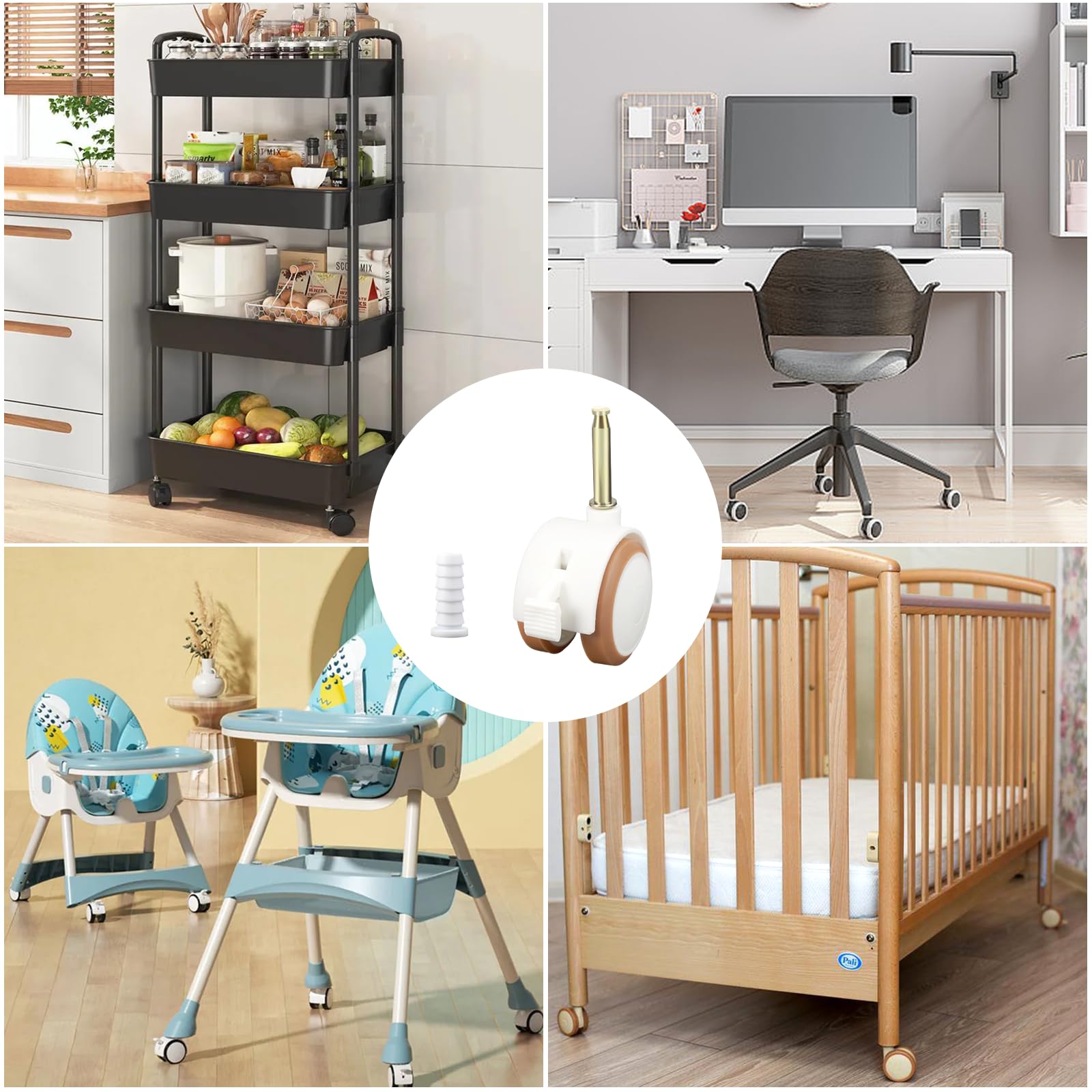4 Pièces Roulettes pour Meubles D'enfants, Silencieuses Lit de Bébé Roulette en Caoutchouc, Protection du Sol Roulettes avec Frein, Muet Pivotantes 360° Roues,pour Lit pour Bebe,Chaise de Parc (Blanc)