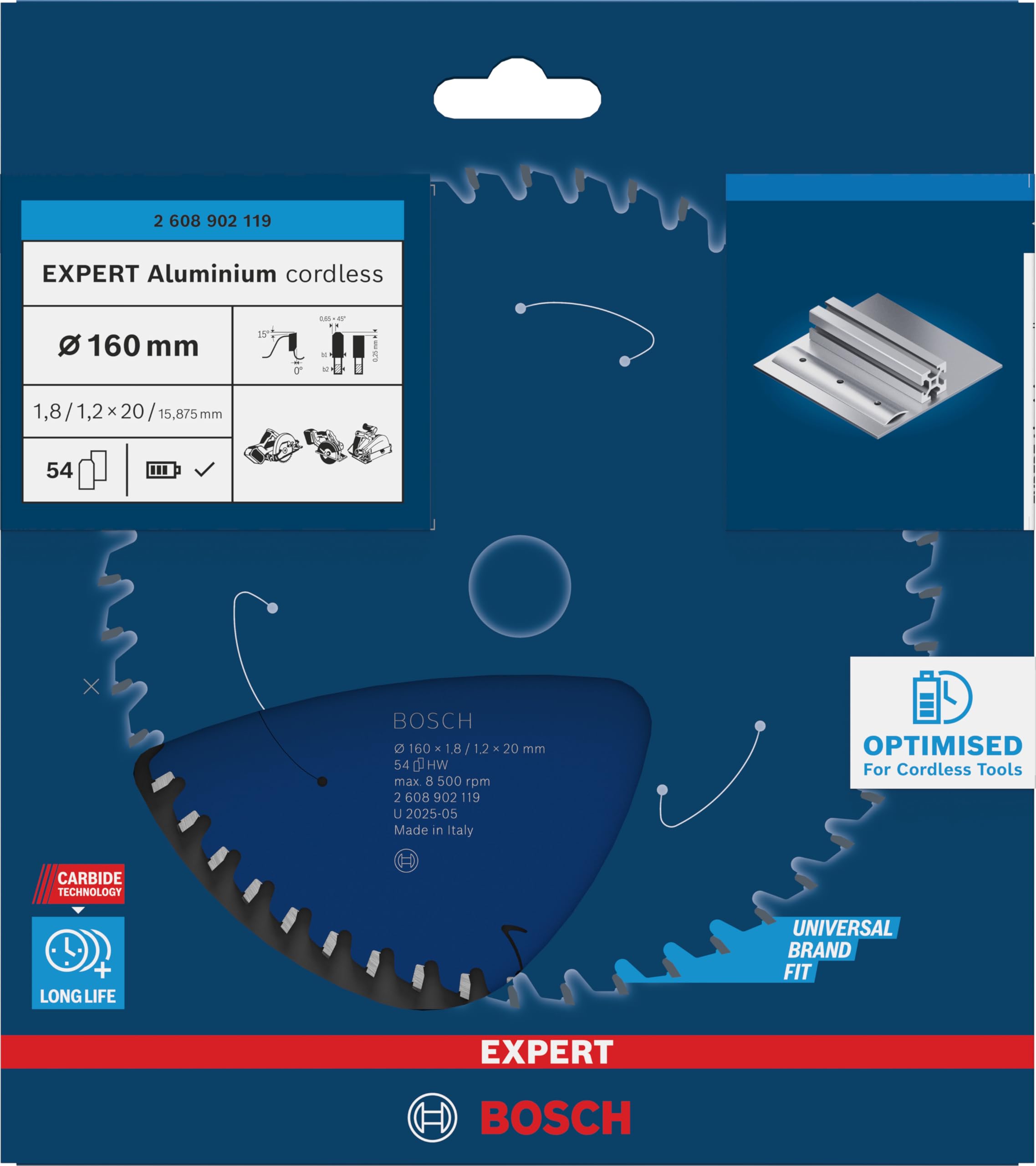 Bosch 1x EXPERT Aluminium cordless Kreissägeblatt für Handkreissägen (für Aluminium, Ø mm, Professional Zubehör Akku-Handkreissägen)