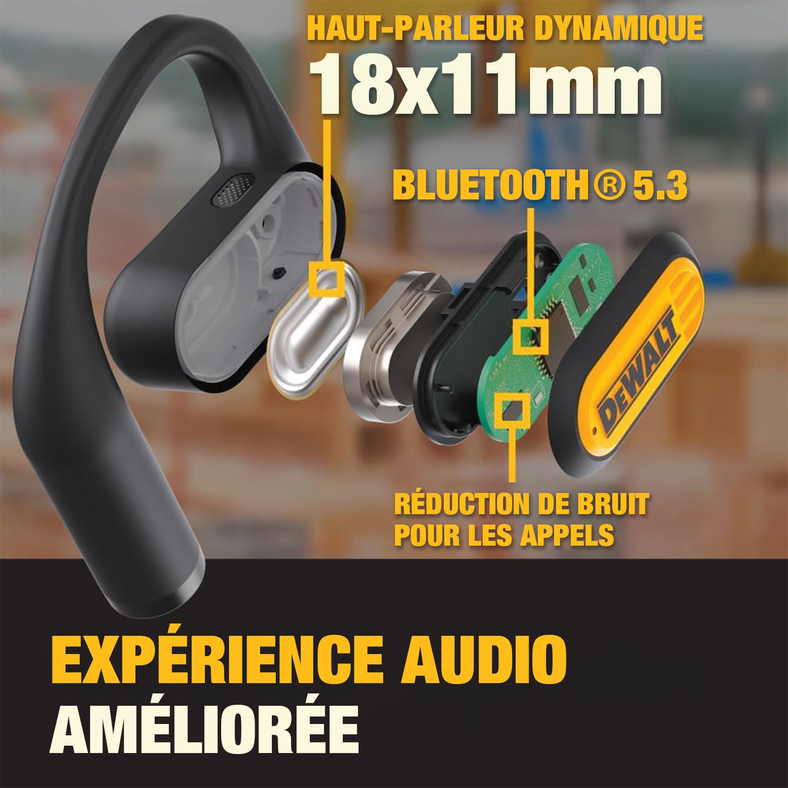 DEWALT Jobsite Écouteurs Ouverts très résistants Bluetooth 5.3 sans Fil avec 44 Heures d'autonomie, Son de qualité supérieure, véritable Conduction d'air sans Fil, écouteurs Ouverts avec Crochets