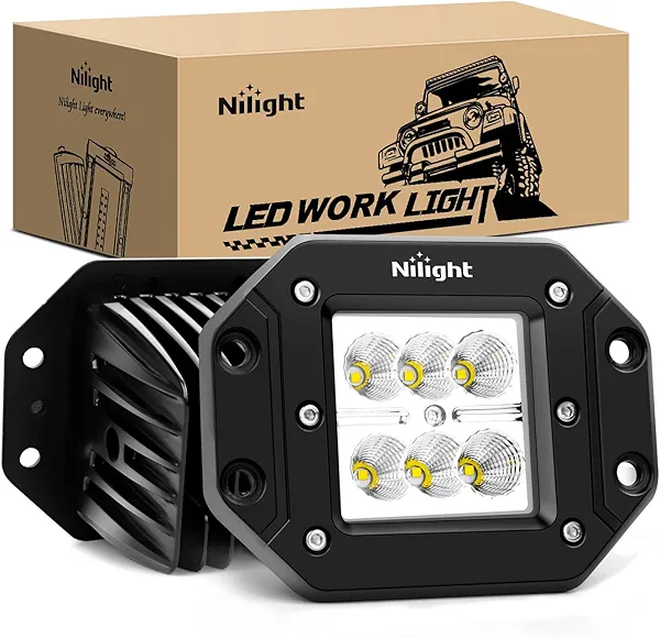 Nilight - NI23C-18W 2PCS 18W Flood LED Work Light Driving Lights Led Light Bar Off Road Led Lights Flush Mount for Jeep Truck Tacoma Bumper ATV UTV,2 Years Warranty
