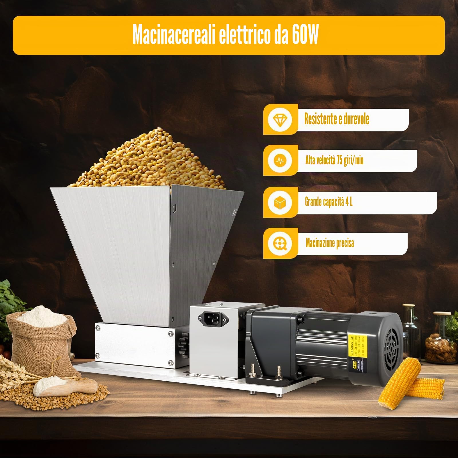 MINRS Mulino elettrico regolabile per grano con quattro tramoggie, mulino elettrico per malto, grano a rulli, 60 W, 75 RPM, 220 V