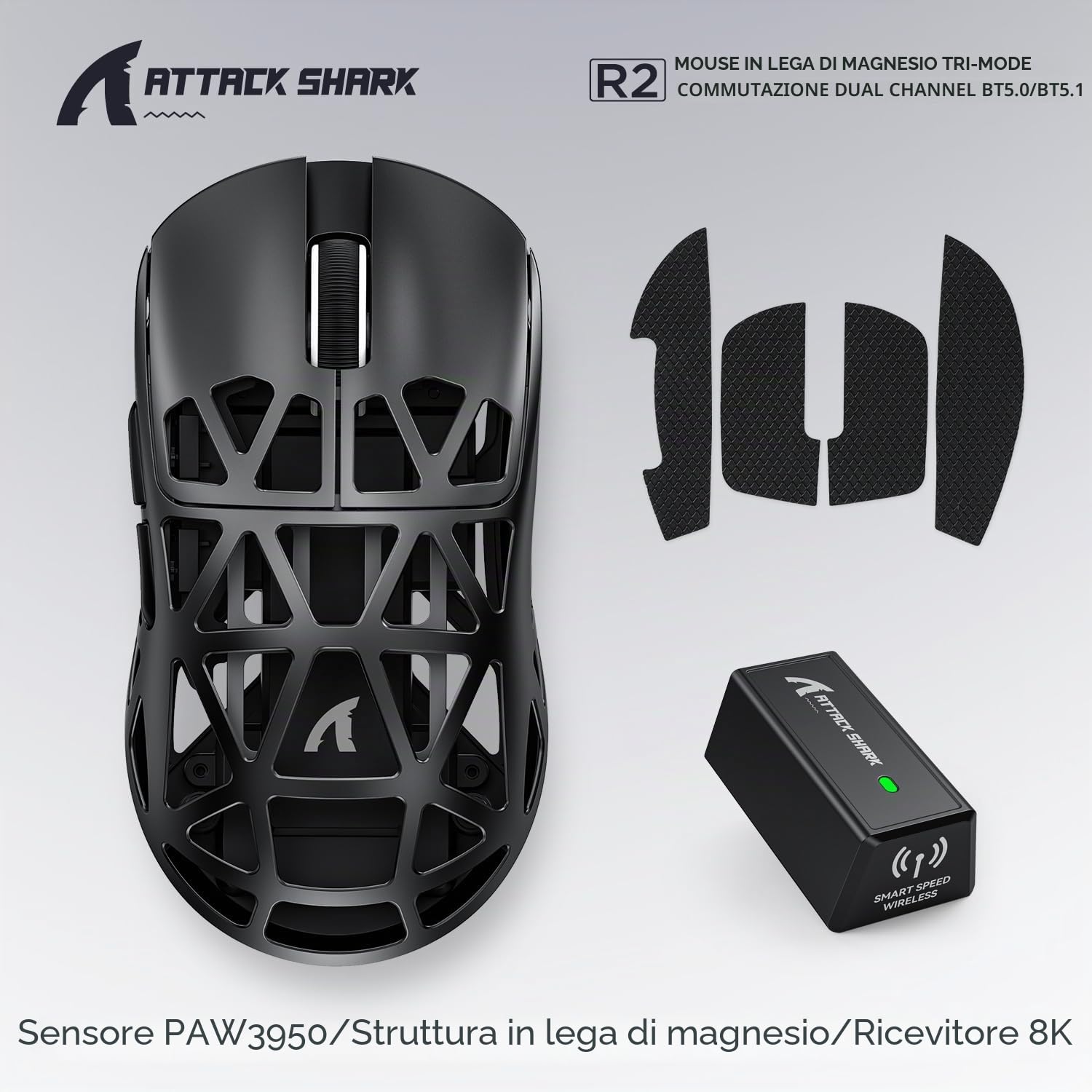 ATTACK SHARK mouse in lega di magnesio R2, PixArt PAW3950 sensore da gioco, mouse wireless 8K, 48 g, BT/2,4 G/Wired Gaming, DPI 42000, Office Mice per Win11/Xbox/PS/Mac -Black