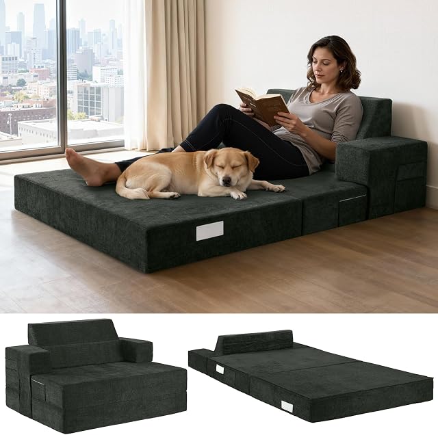 Sunable Twin Size Folding Sofa Bed, 4-in-1 Convertible Sofa with Scratch-Resistant Fabric, Ergonomic Backrest & Armrests, Supportive Foam, Floor Chair for Guest Room/RV/Living Room/Bedroom, Gray