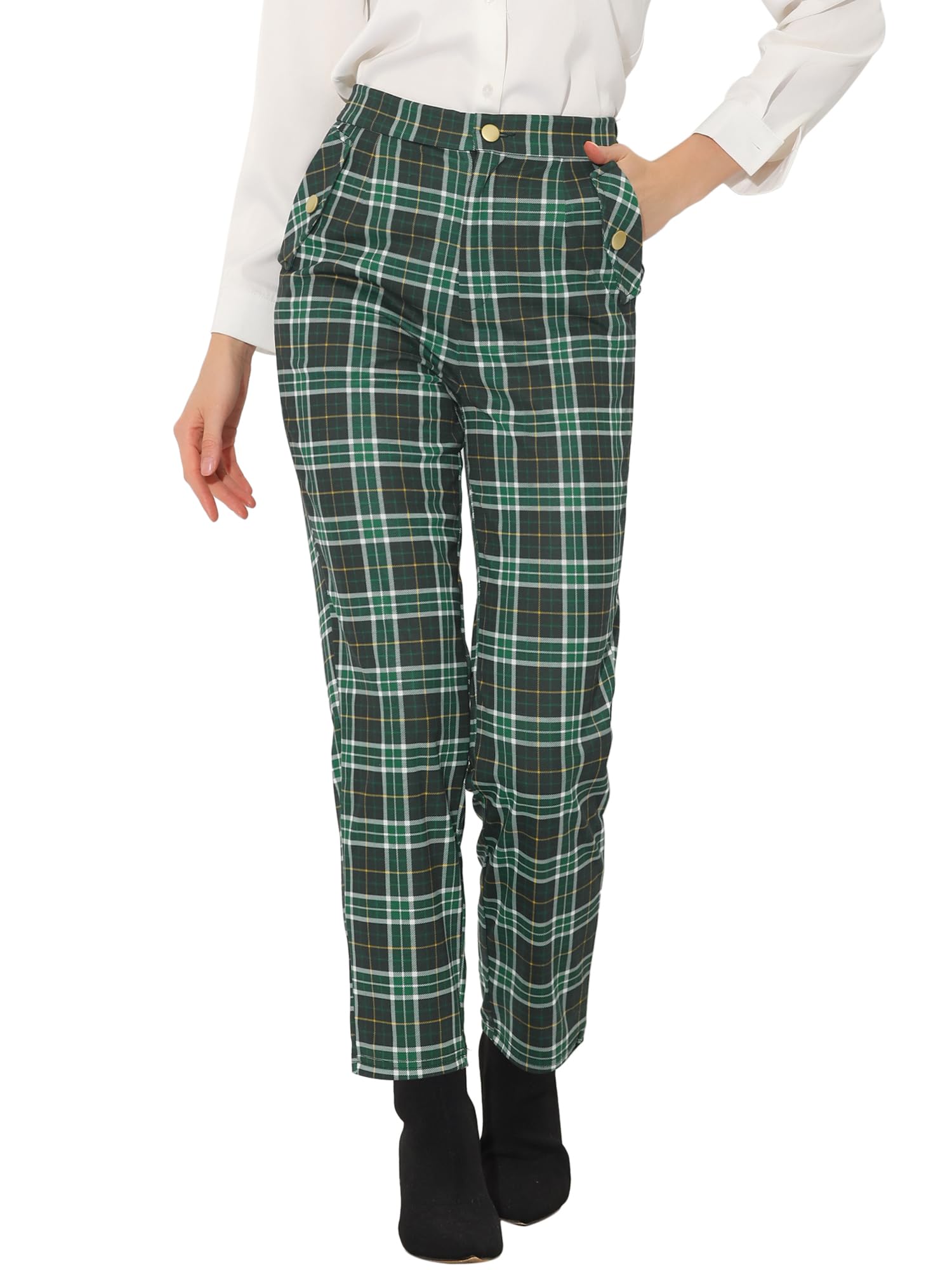 Allegra K Women's Vintage Tartan Plaid Pants Elastic Waist Straight Long Trousers, Green White, S