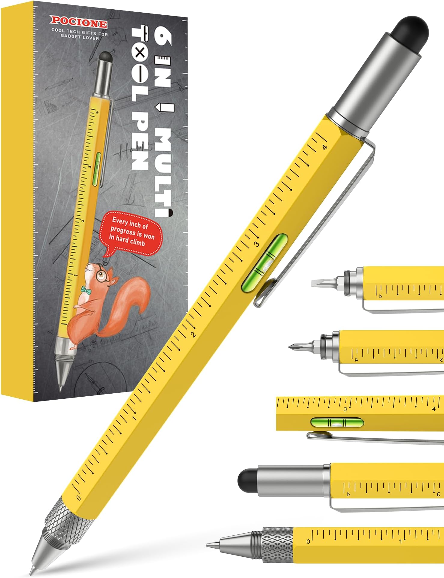 POCIONE Multi-tool Pen - 6 in 1 EDC Gift for Men, Aluminum Body with Yellow Handle, Perfect for Construction, Woodworking, and Everyday Use