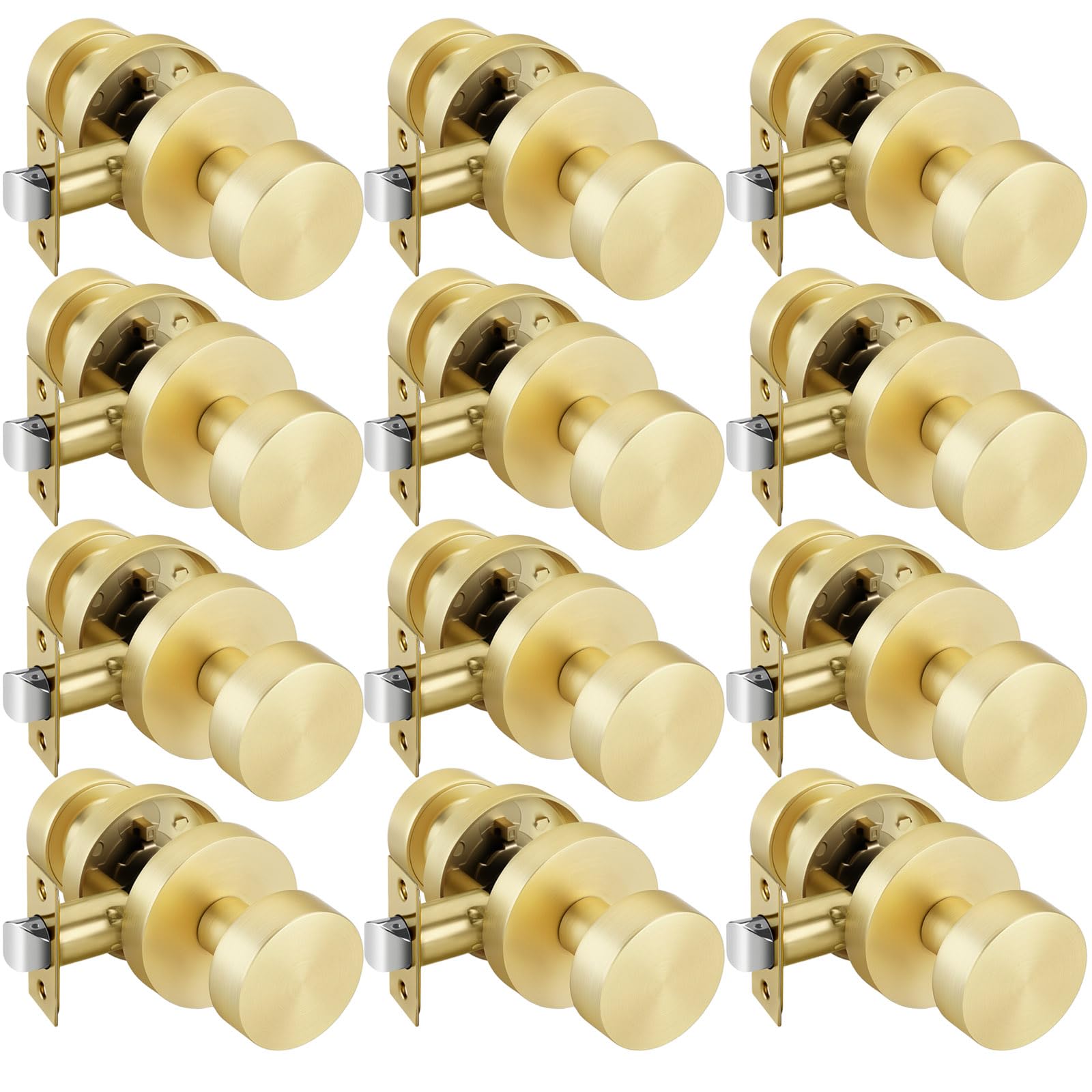 Goldenwarm Gold Door Knobs Passage, Zinc Alloy Keyless Brushed Gold Door Knobs Interior for Hallway &amp; Closet &amp; Living Room, Non-Locking Function, Adjustable &amp; Reversible (12 Pack)