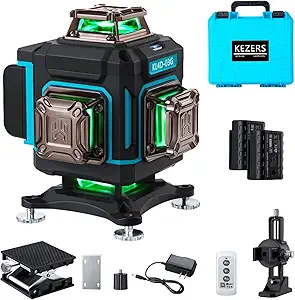 KEZERS Laser Level 360 Self Leveling,4 x 360 Laser Level with Screen Green Laser Level Line tool Leveling and Alignment Laser Tool with Pulse Mode for Construction and Picture Hanging,Remote Control