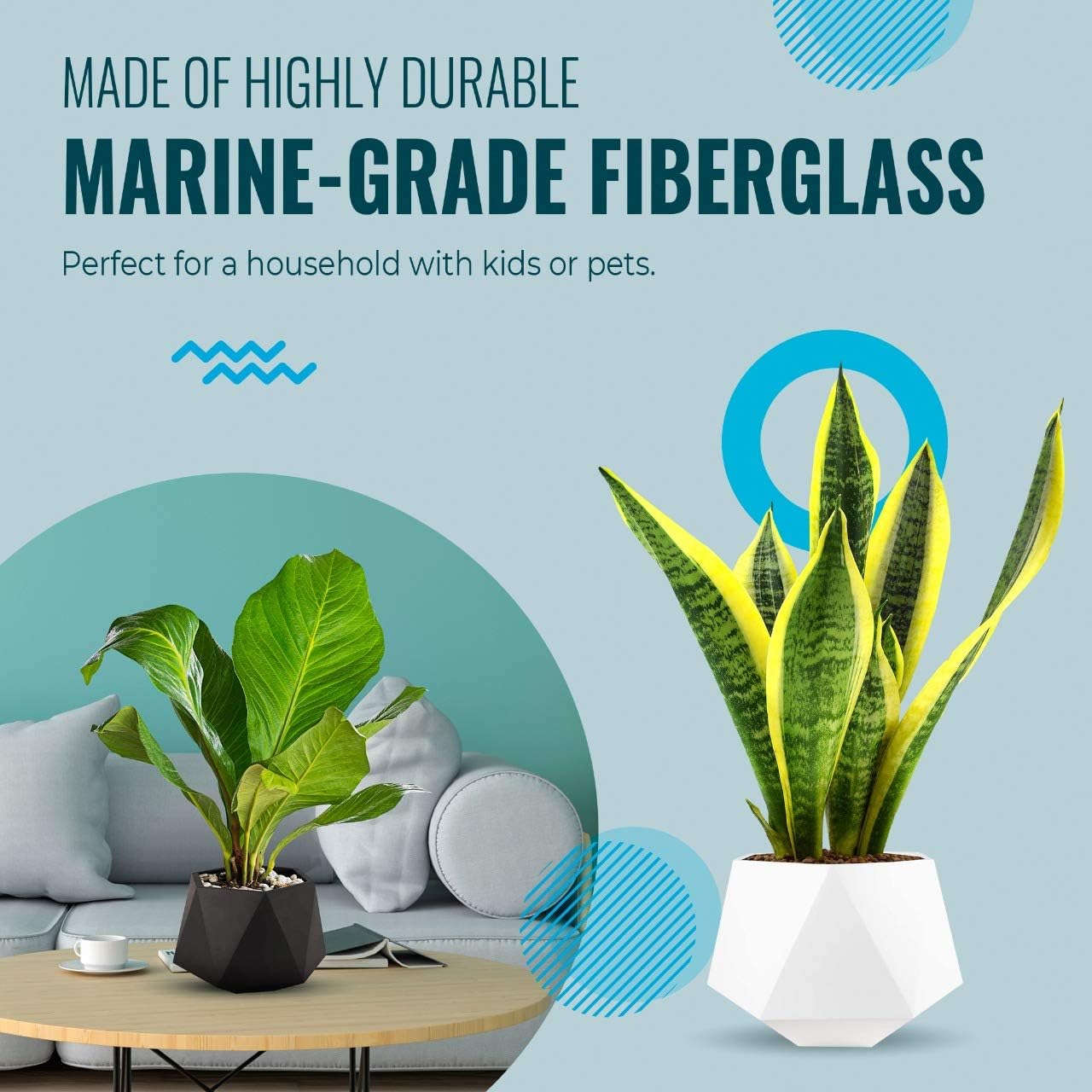 Adamas White Pot Marine Grade Fiberglass Round Geometric Planter 16" H x 17" W x 17" L - Diamond Fiberglass Pot