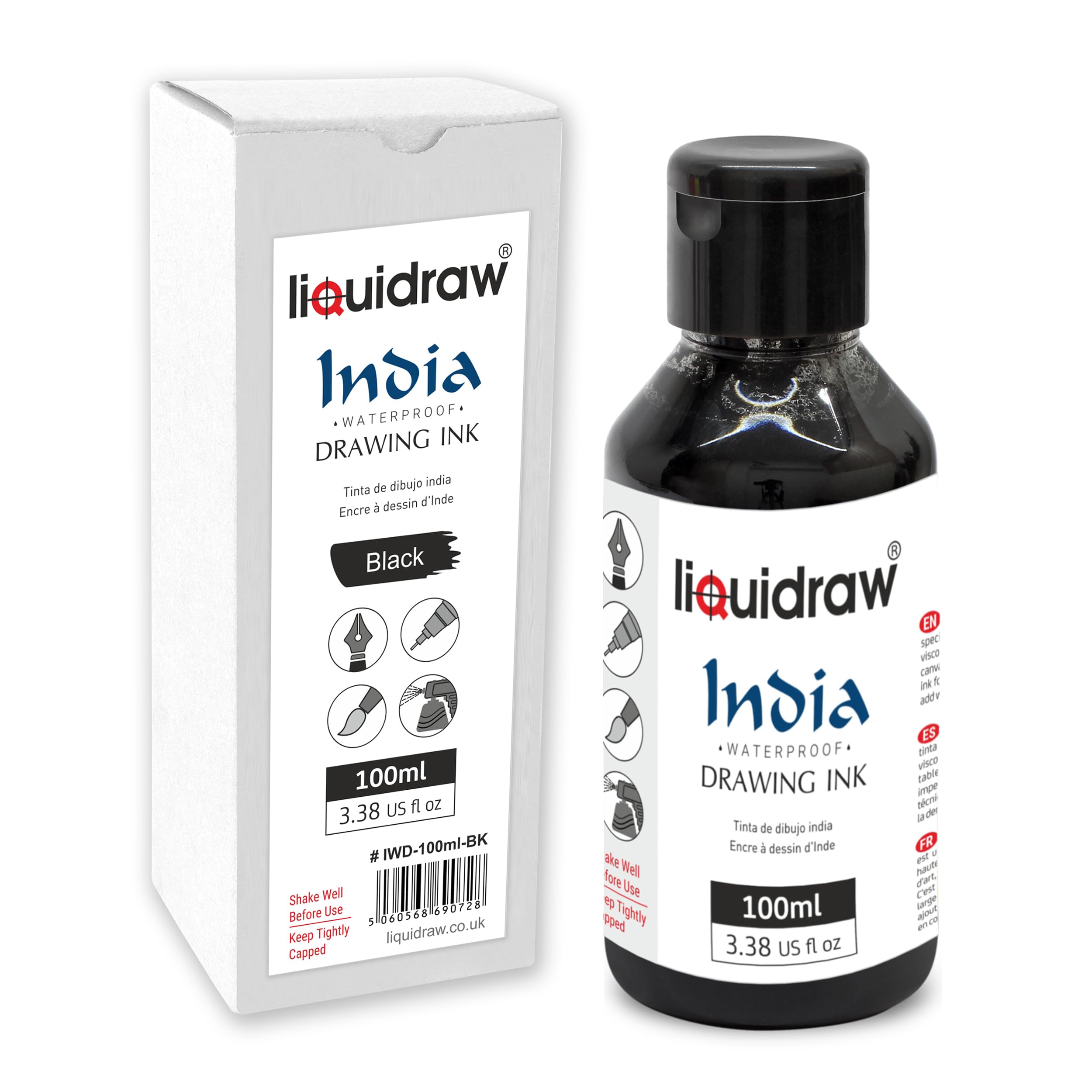 Liquidraw Black Drawing India Ink - 100ml | Must-Have Artist Supply | Non-Toxic, Waterproof, Lightfast & Permanent | Suitable for Pens & Brushes | Use On Paper Board, Canvas, Fabric & Wood