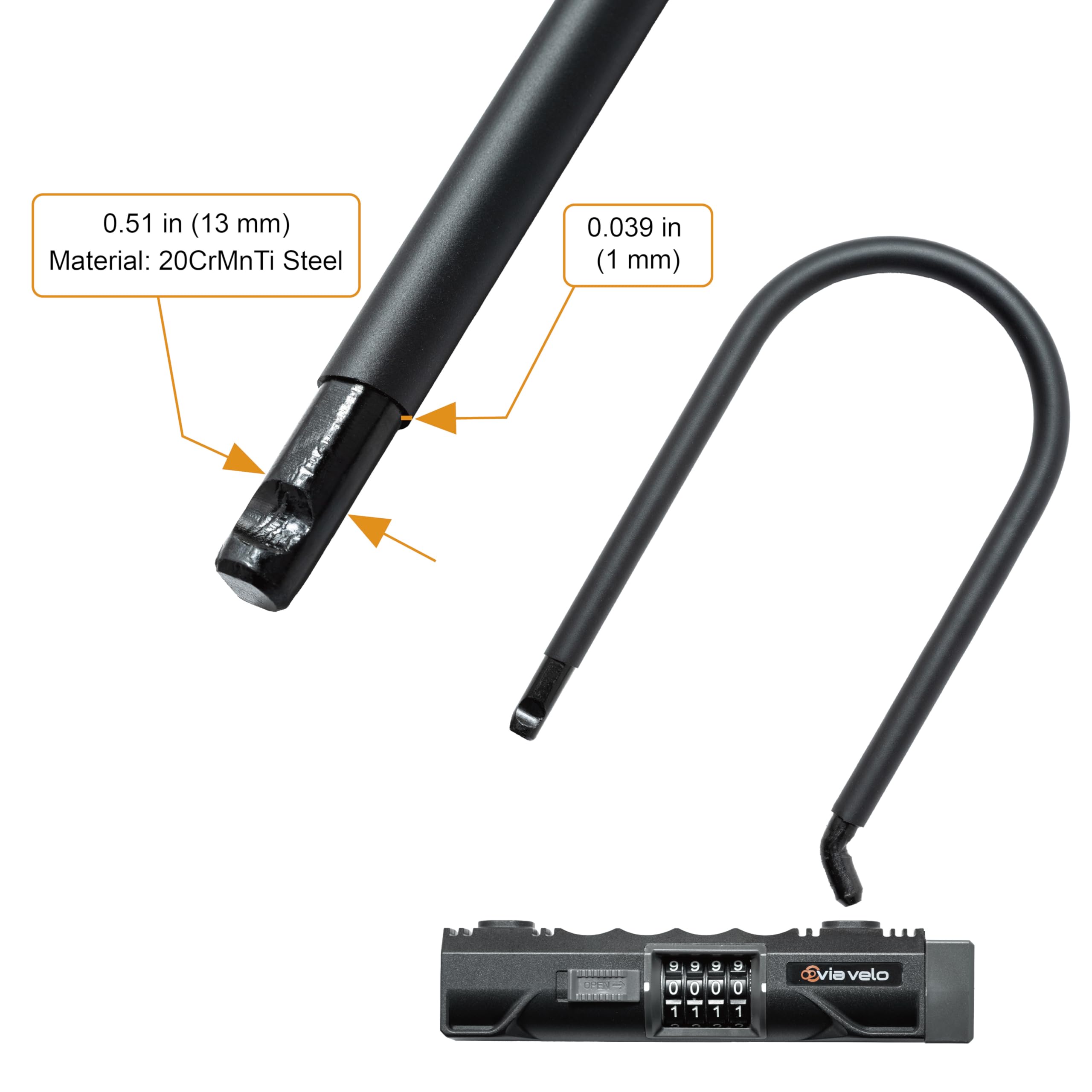 Via Velo Candado en U resistente con combinación reajustable de 4 dígitos y cable de acero de 5 pies, antirrobo para bicicletas, scooters y bicicletas eléctricas