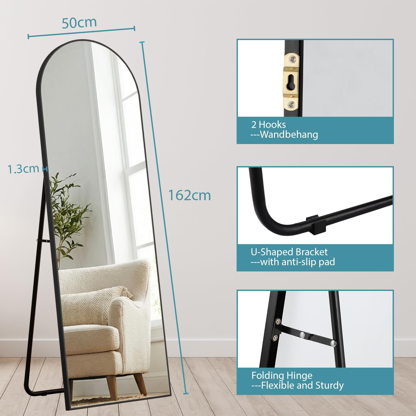 Clevich Specchio da Terra Curvo, 162 x 50 cm, Specchio da Parete con Cornice in Alluminio per Camera da Letto,Bagno,Ingresso e Corridoio, Nero