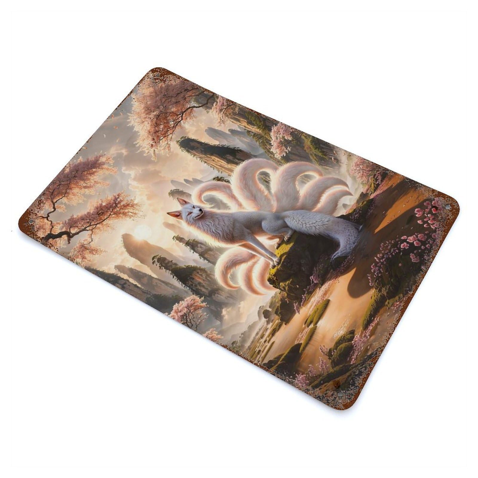 Aged Metal Wall Plaque with The Nine Tailed Kitsune Design 11.8"x7.9", for Garage, Bar And Workshop Decor, Rustic Home Decor