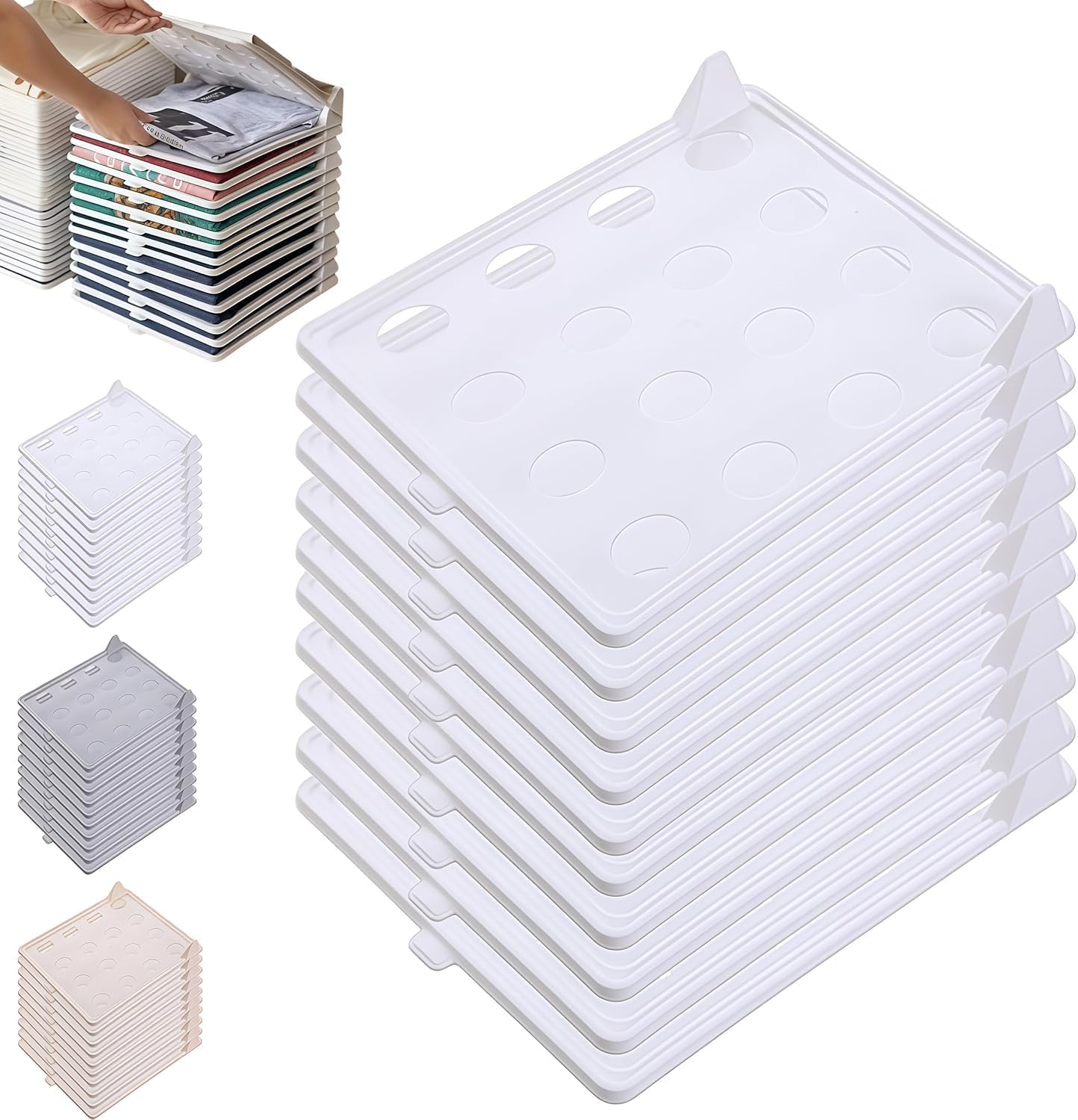 10PCS Space-Saving Stackable Clothing Organizer, Keeps Lightweight Clothes Neat & Accessible, Stackable Closet Organizer for Shirts/Jeans/Pants with Breathable Design for Wrinkle-Free Clothes (White)