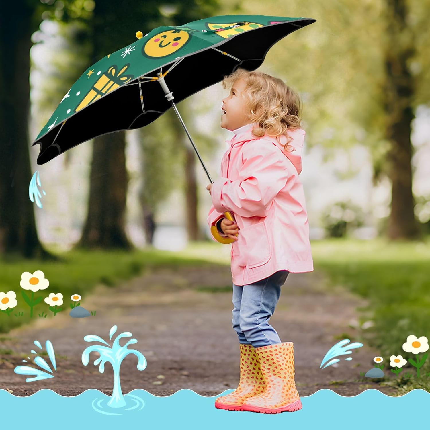 Christmas Tree Pineapples Snowmen Umbrellas for kids age 3-8 Wind and Rain Protection Umbrella with Reflective Strip for travel with Easy-Grip Hook Handle