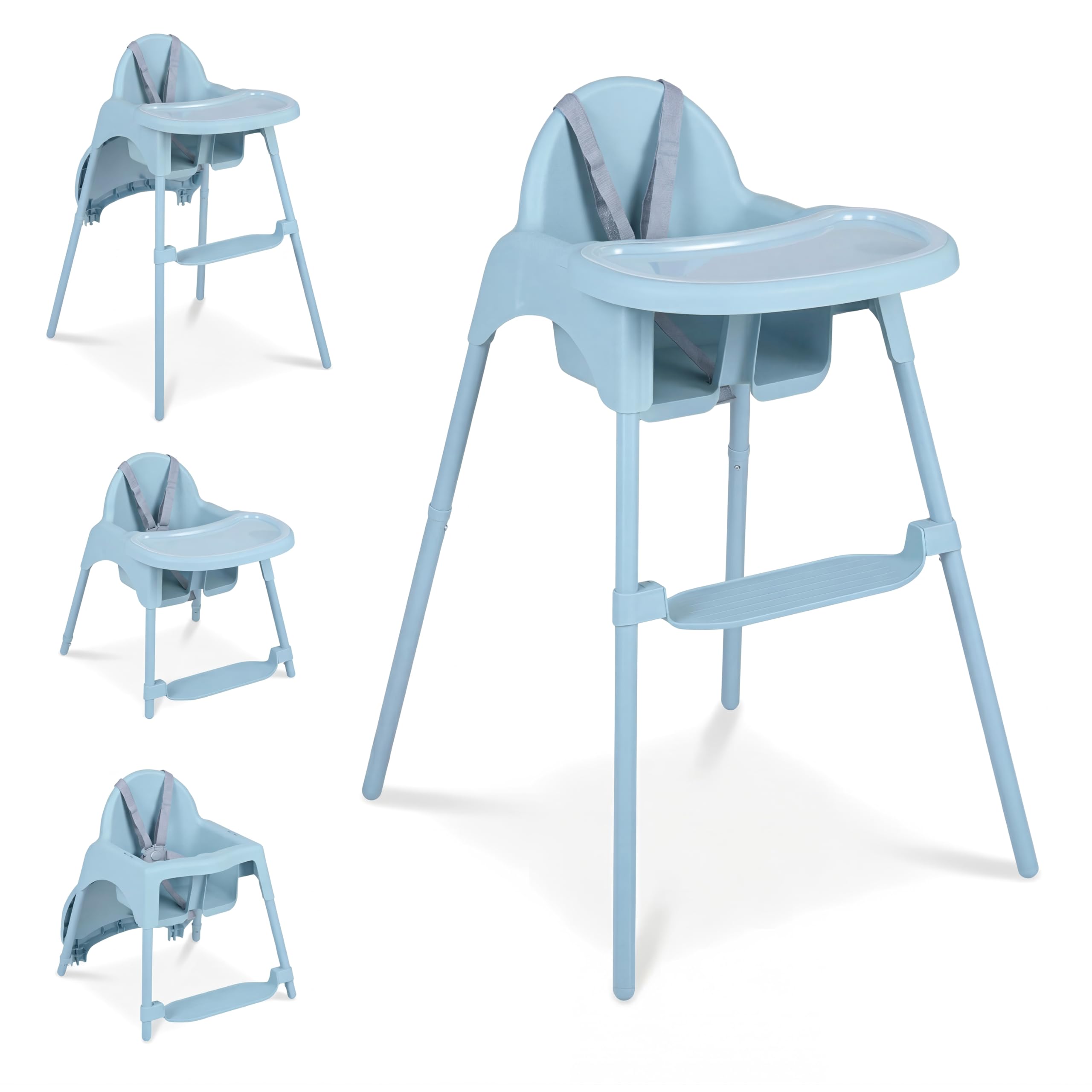 GYMAX 4 in 1 Convertible High Chairs for Toddlers, Infant Highchairs with 2 Heights, 5-Point Safety Harness, Removable Double Tray and Reversible Footrest, Baby Feeding Chair for 6-36 Months (Blue)