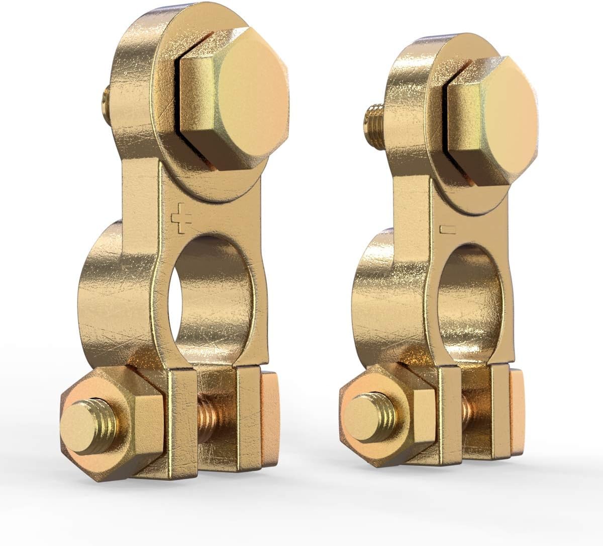 2Pcs Solid Brass Battery Terminal Connectors, Heavy Duty Thickened Copper Alloy Car Battery Terminals, Marine Grade Positive Negative Top Post Clamp Set for Boat, RV, Truck, Lithium Battery