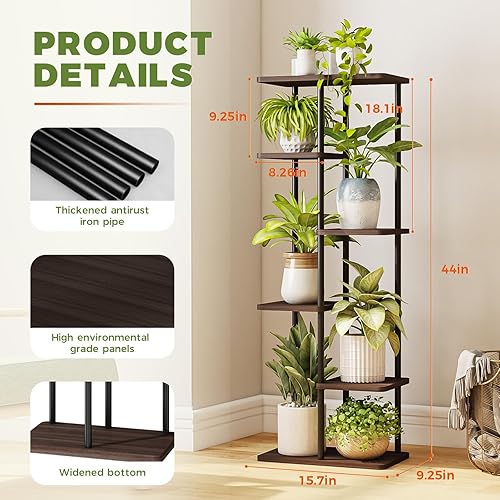 Miniatura 4 de Bamworld Soporte alto para plantas de interior de 6 niveles, estante de metal negro para plantas, estante grande para múltiples plantas, macetas