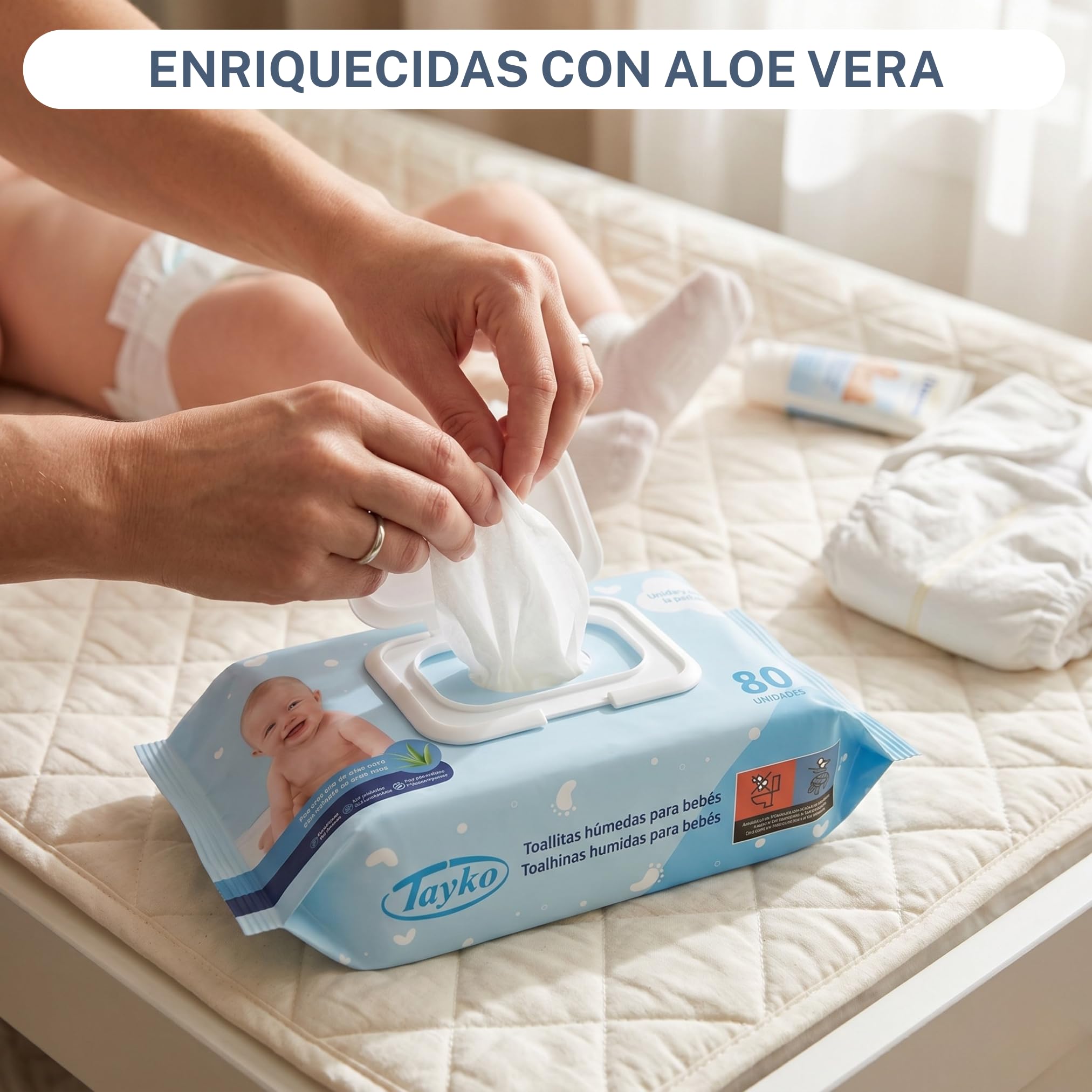 Tayko Toallitas ultrasuaves, 480 Toallitas para Bebé con Aloe Vera e Hipoalergénicas, Sin Alcohol y con Tapa Rígida, Toallitas Húmedas para Piel Sensible (6 paquetes de 80 unidades)