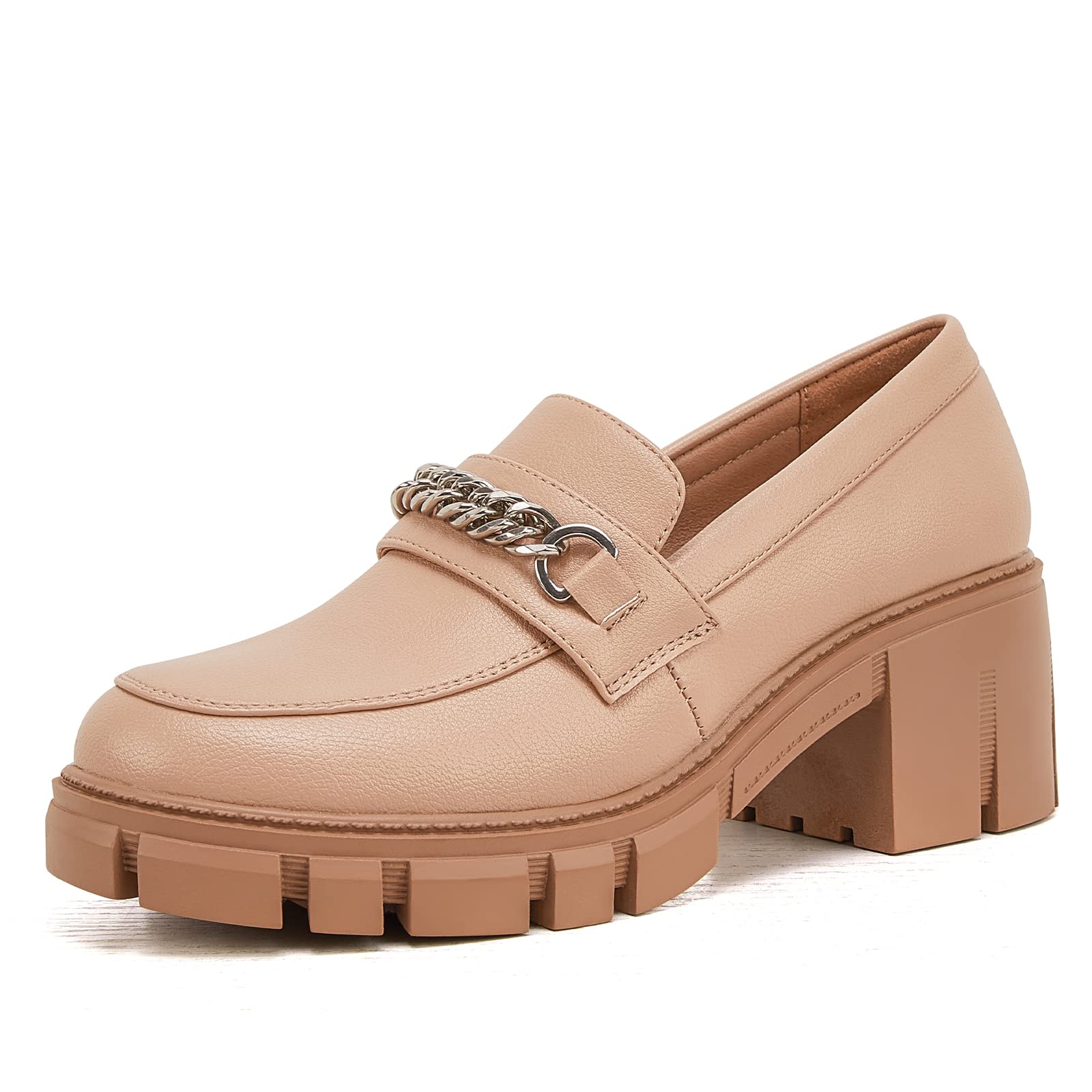TINSTREE Platform Loafers for Women with Chain Comfort Chunky Heel Slip On Round Toe Business Work Shoes