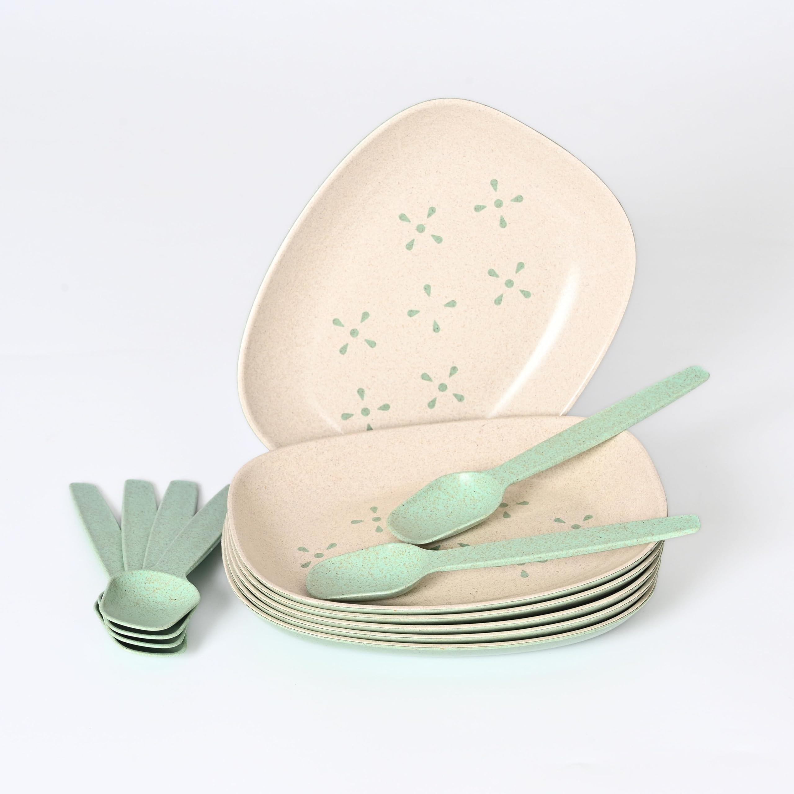 Eha Earth-Friendly Small Snack Serving Plates Set of 6 with Spoons | 6 inch | Small Snack Plates Made with Bamboo Fibers & Rice Husk Fiber | Microwave Safe | Dessert Plates | Celeste-image-37