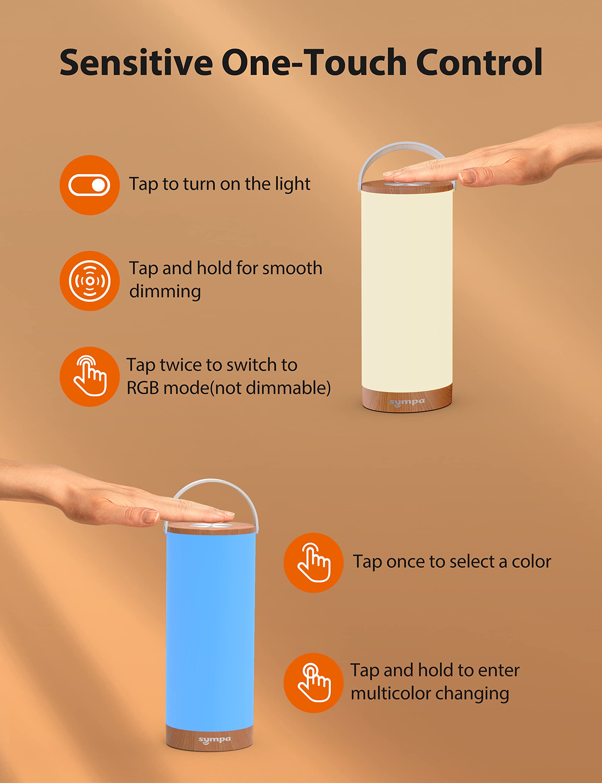 sympa 10.8" Cordless Table Lamp, 4000mAh Rechargeable Table Light, Touch Dimming Bedside Lamp Portable Table Lamp for Bedroom, Office, Outdoor