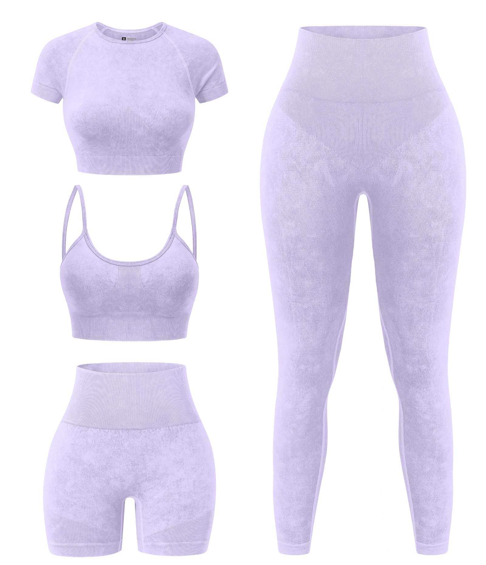 YOAKUKA Womens 4 Piece Workout Sets Seamless Acid Wash Tops Sports Bra High Waist Shorts Leggings Active Set