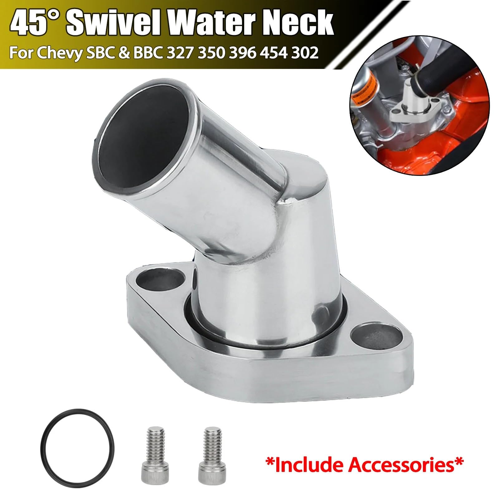 Termostatos del motor Carcasa de termostato cuello agua de 45 grados compatible con Chevy SBC BBC 283 302 305 327 350 400 396 427 454 502 con tornillos y anillo de sellado Refrigerantes Del Motor