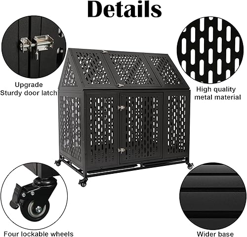 Miniatura 5 de Jaula de acero indestructible de 44 pulgadas para perros, a prueba de escape, para interiores, doble puerta, a prueba de mordidas, alta ansiedad con