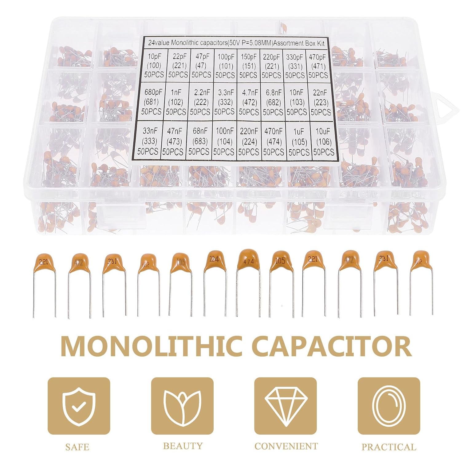 Veemoon 1200pcs Monolithic Ceramic Capacitor Kit 10pf-10μf Assortment with 24 Values, Industrial Electrical Capacitors for HVAC, Car Audio, and Ac Unit Applications