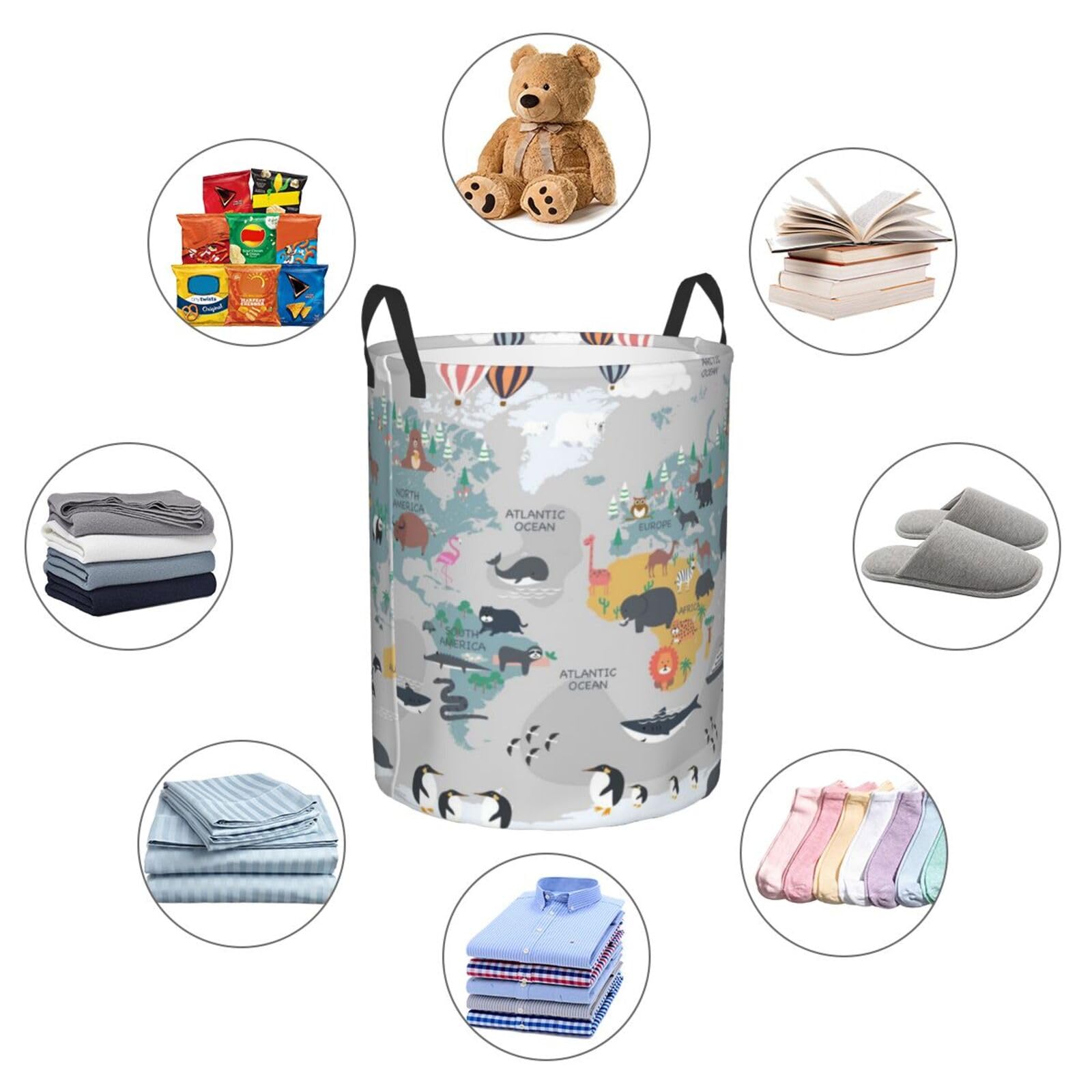 Grand panier à linge avec poignées – Carte du monde avec animaux de dessin animé pour bébés et enfants – Panier à linge sale