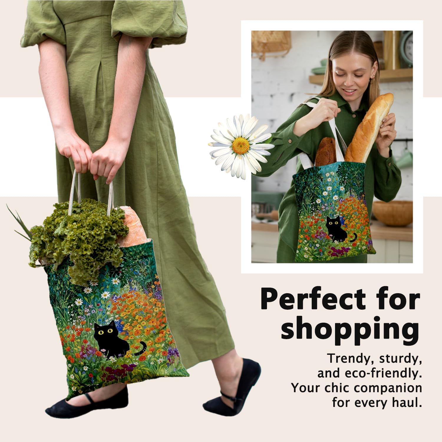 Cute Black Cat Canvas Tote Bag Aesthetic Flowers Reusable Shopping Grocery Bags Birthday Gifts for Women & Teen Girls - Image 6