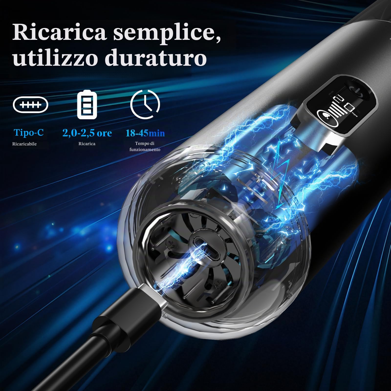 Aspirapolvere Portatile per Auto Senza Fili 20000PA - Potente Aspirapolvere a Mano con Display LED, Ricarica Rapida 2,5H e Autonomia 45 Minuti, Ideale per Interni Auto/ Casa/ Angoli/ Pellet di Animali