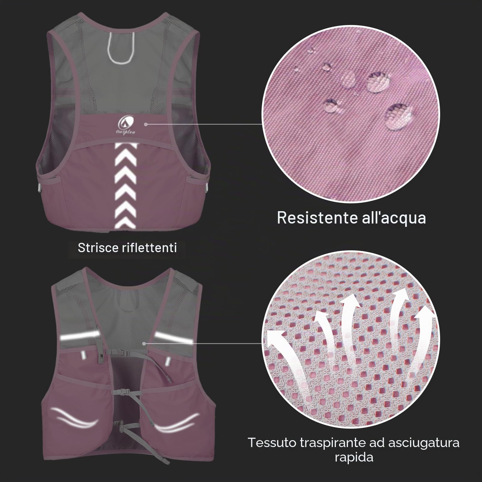 Gilet Idratazione con 2 Borraccia Running Morbido 500ml, Gilet Running Uomo Leggero, Gilet Corsa con Strisce Riflettenti, Zaino Trail Running per Sport Ciclismo Maratona Campeggio