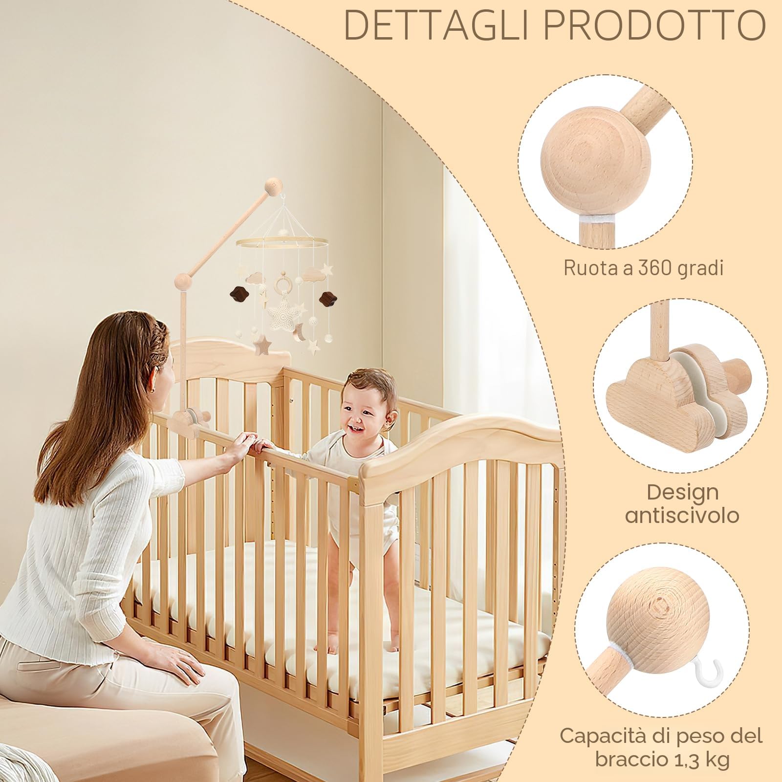 Farerkass Supporto Per Cellulare Per Lettino, Supporto Per Cellulare Nuvole In Legno, Supporto Per Giostrina Regolabile In Altezza In Legno, Gancio Rimovibile, Adatto Per Lettini E Fasciato