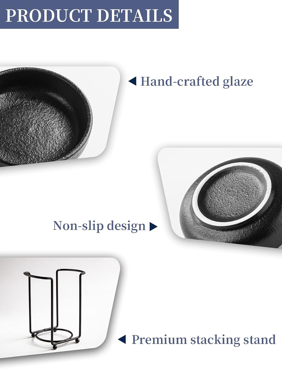 YJR Ceramic Japanese Side Dishes, Seasoning Dishes, Dipping Bowls - 3.5 Inch, with Metal Stand for Ketchup Soy Sauce BBQ Party, Set of 6, Matt Black
