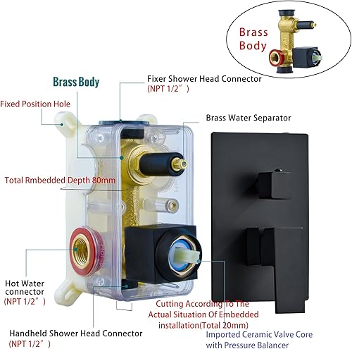 Vista 9 de SaniteModar Sistema de cabezal de ducha negro de 8 pulgadas, cabezal de ducha cuadrado con ducha de mano Vaval y kit de molduras, juego de grifo