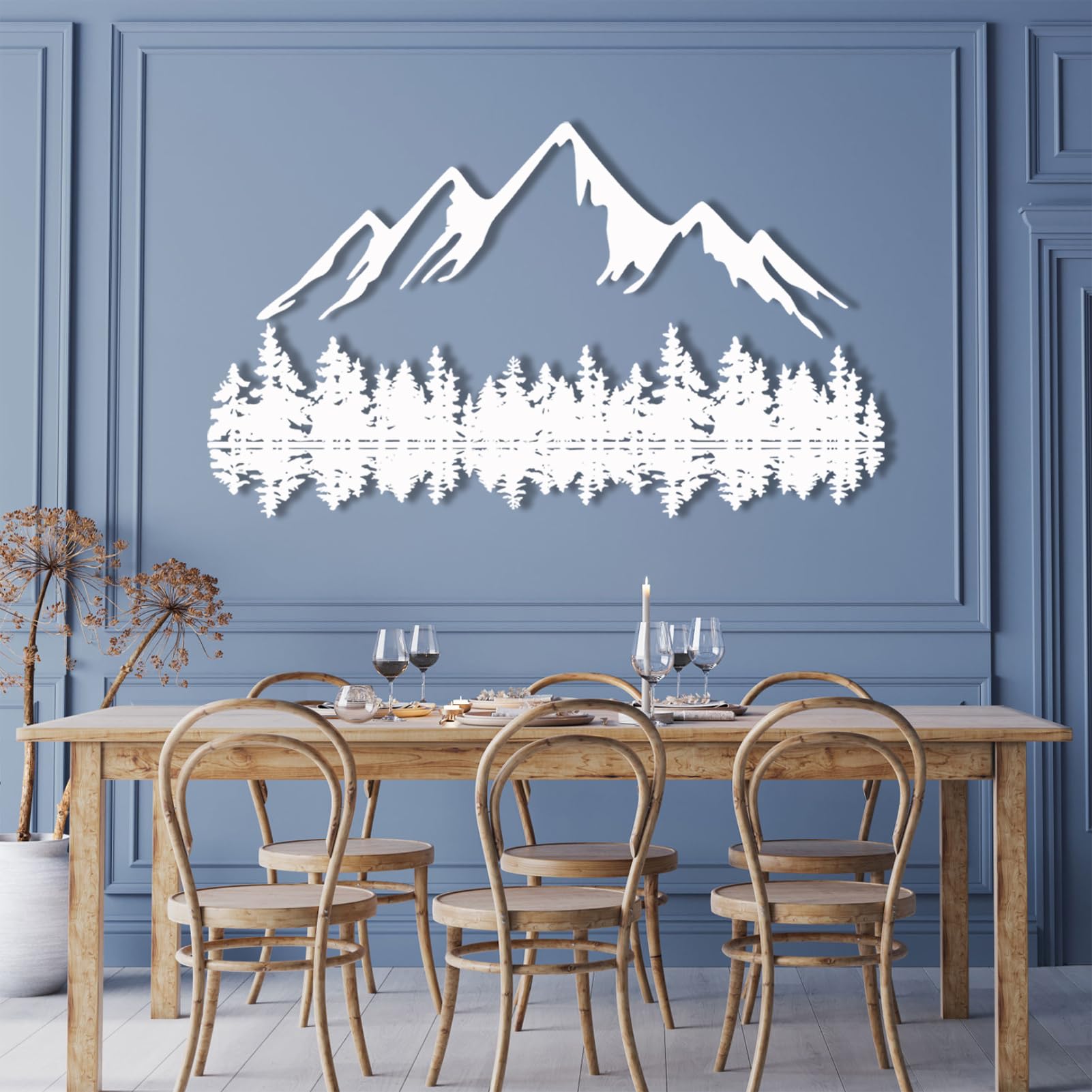 Décoration murale métal blanche arbre forêt colline design épuré