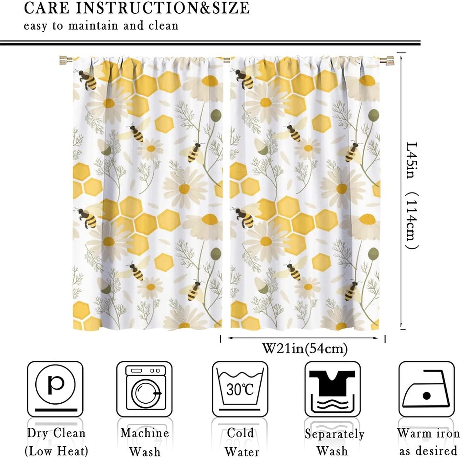 Bee Animal Blackout Curtain Daisy Floral with Bees in Spring Blooming Thermal Insulated Darkening Drapes Rod Pocket Cafe Dining Room Bedroom Living Room Kitchen 2 Panels 42x45 in