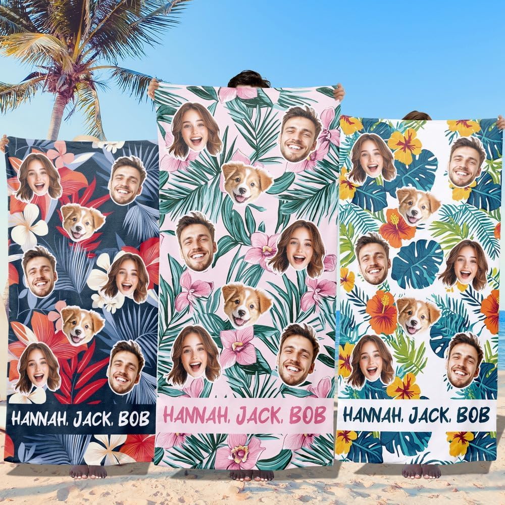 Loosusu Personalised Beach Towels for Kids Adults - Custom Beach Towels with Faces on Them - Customised Sand Free Quick Dry Bath/Pool/Beach Towel with Photos and Text for Boys Girls Women Men