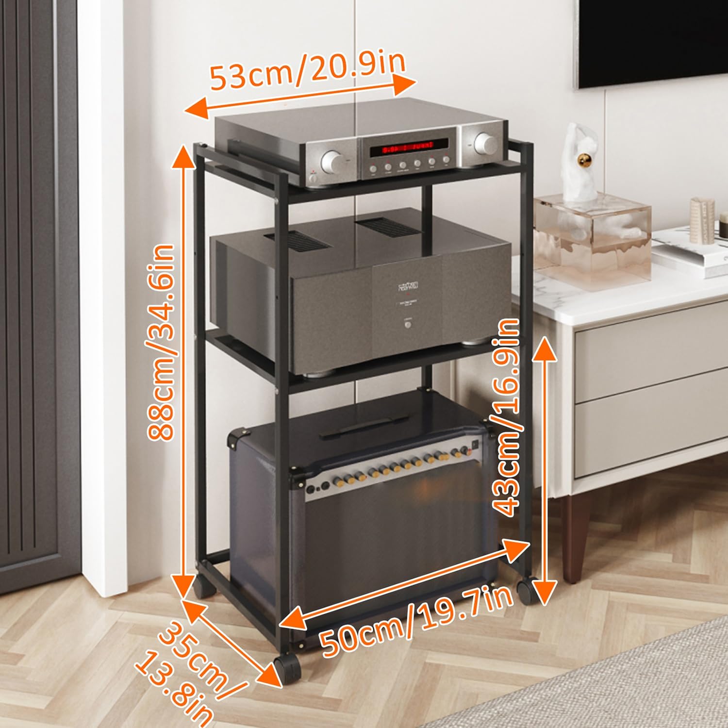 Stojak audio 3/4 – stojąca na podłodze wieża multimedialna AV z uniwersalnymi kółkami, szafka stereo, konsola multimedialna do salonu, do gier, nagrywanie DVD i konsola do gier, 50 x 35 x 88 cm